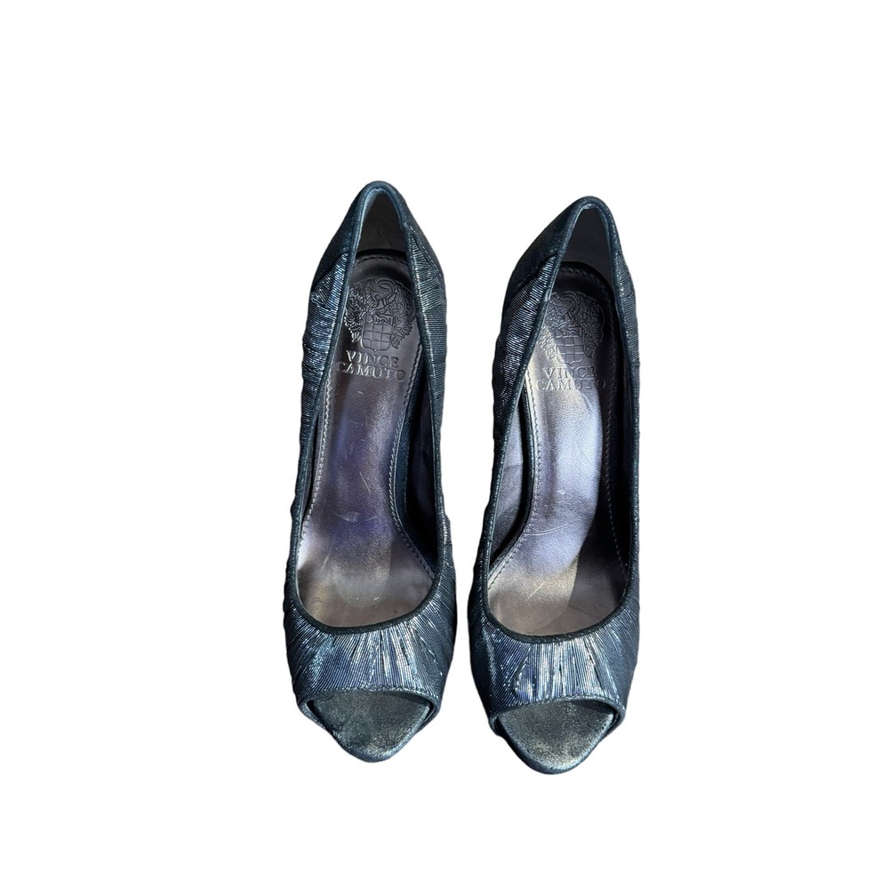 Vince Camuto Women's Heels Leather Open Peep Toe Pumps Slip On Black Sz. 6.5